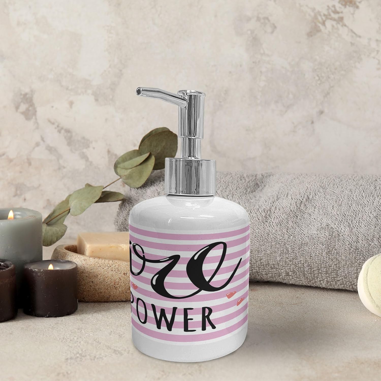 Ambesonne Lettering Soap Dispenser Toothbrush Holder Set Pale Pink Charcoal Grey 1