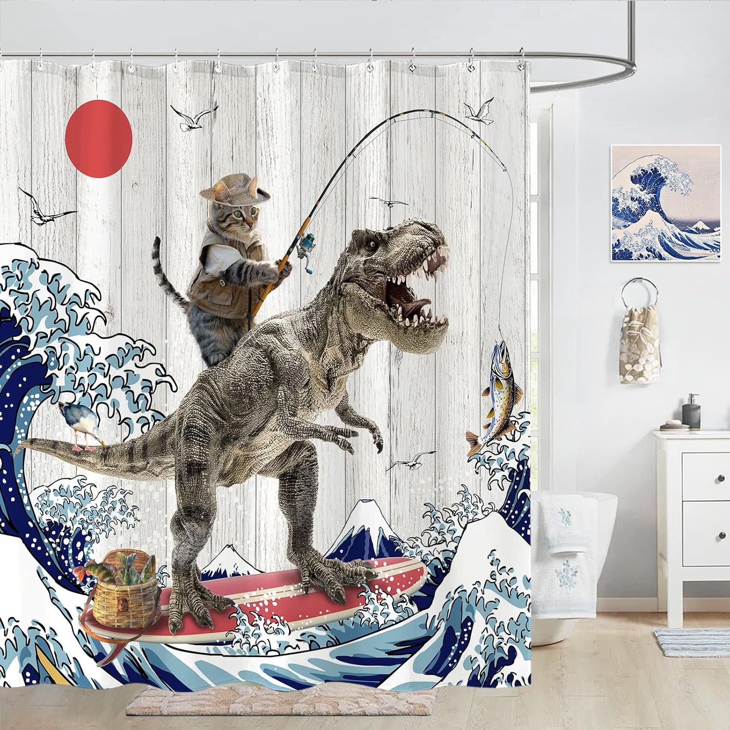 Fowocu Funny Cat Dinosaur Shower Curtain 78 Inch 1