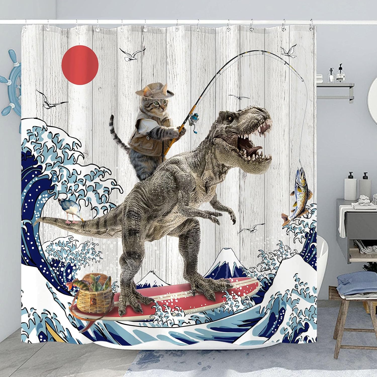 Fowocu Funny Cat Dinosaur Shower Curtain 78 Inch 1