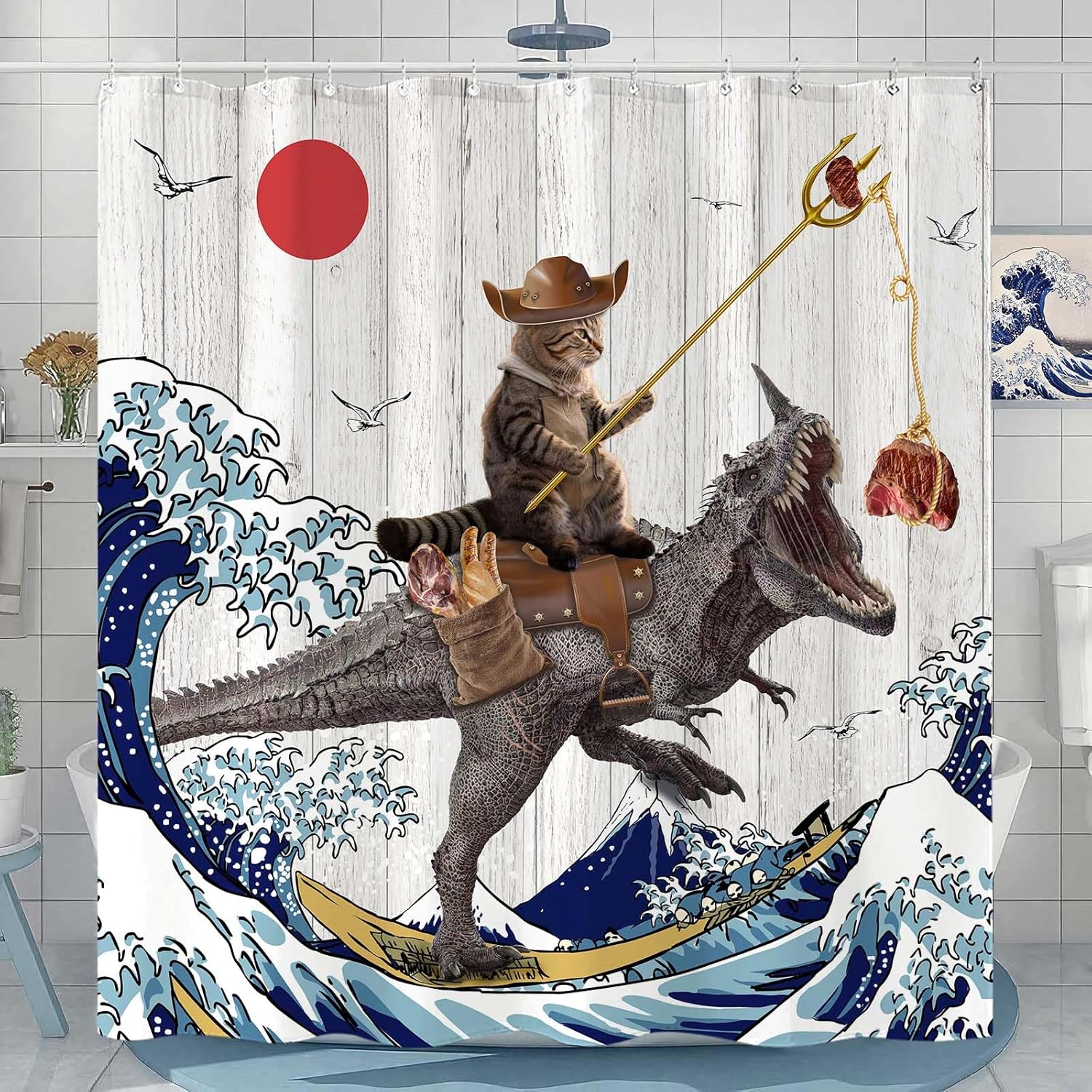 Fowocu Funny Cat Dinosaur Shower Curtain 78 Inch