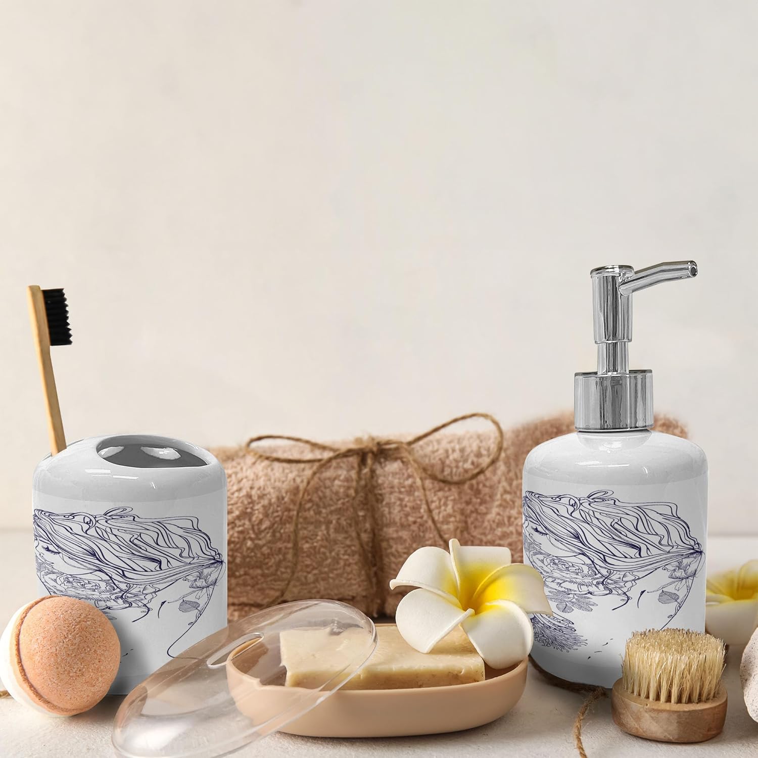 Ambesonne Bathroom Soap Toothbrush Holder Set Purple White