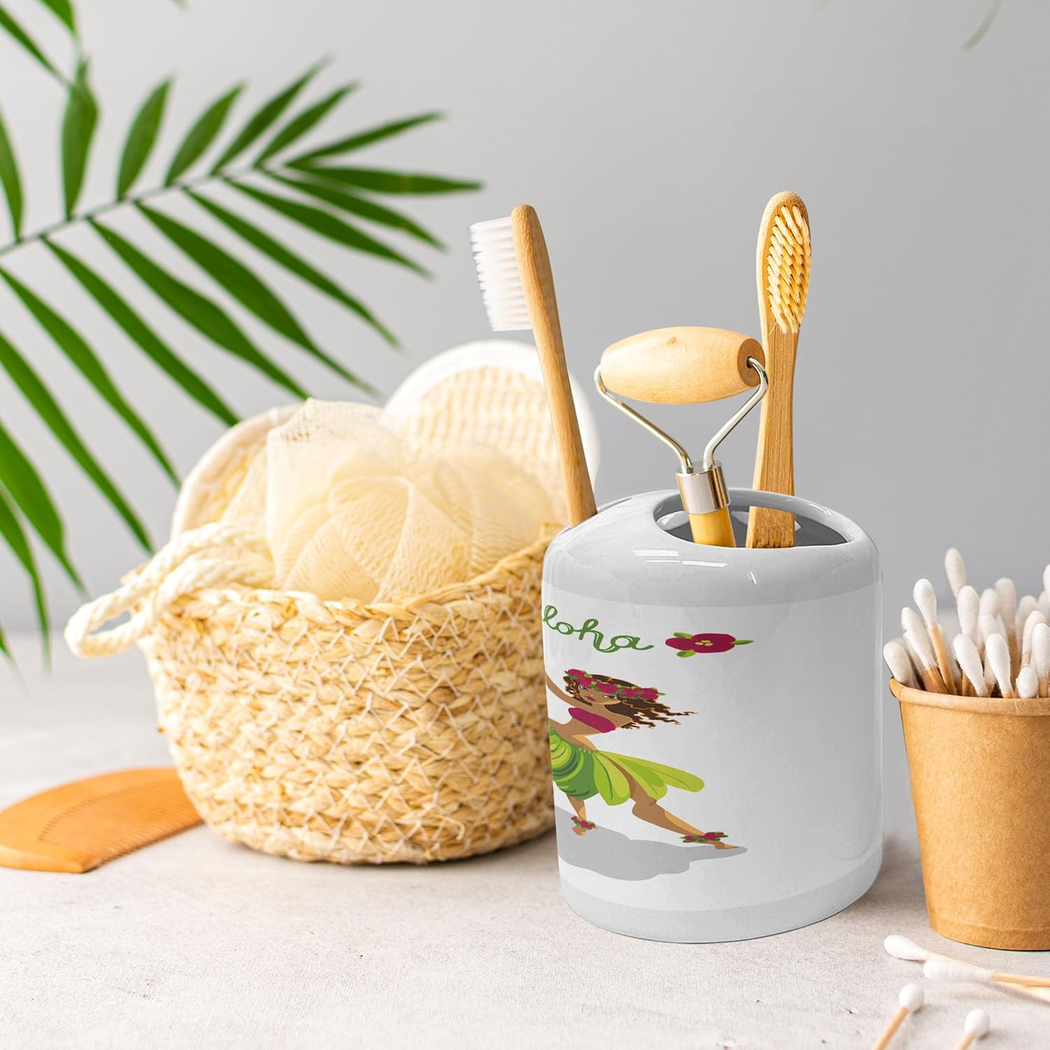 Ambesonne Luau Soap Dispenser Toothbrush Holder Set