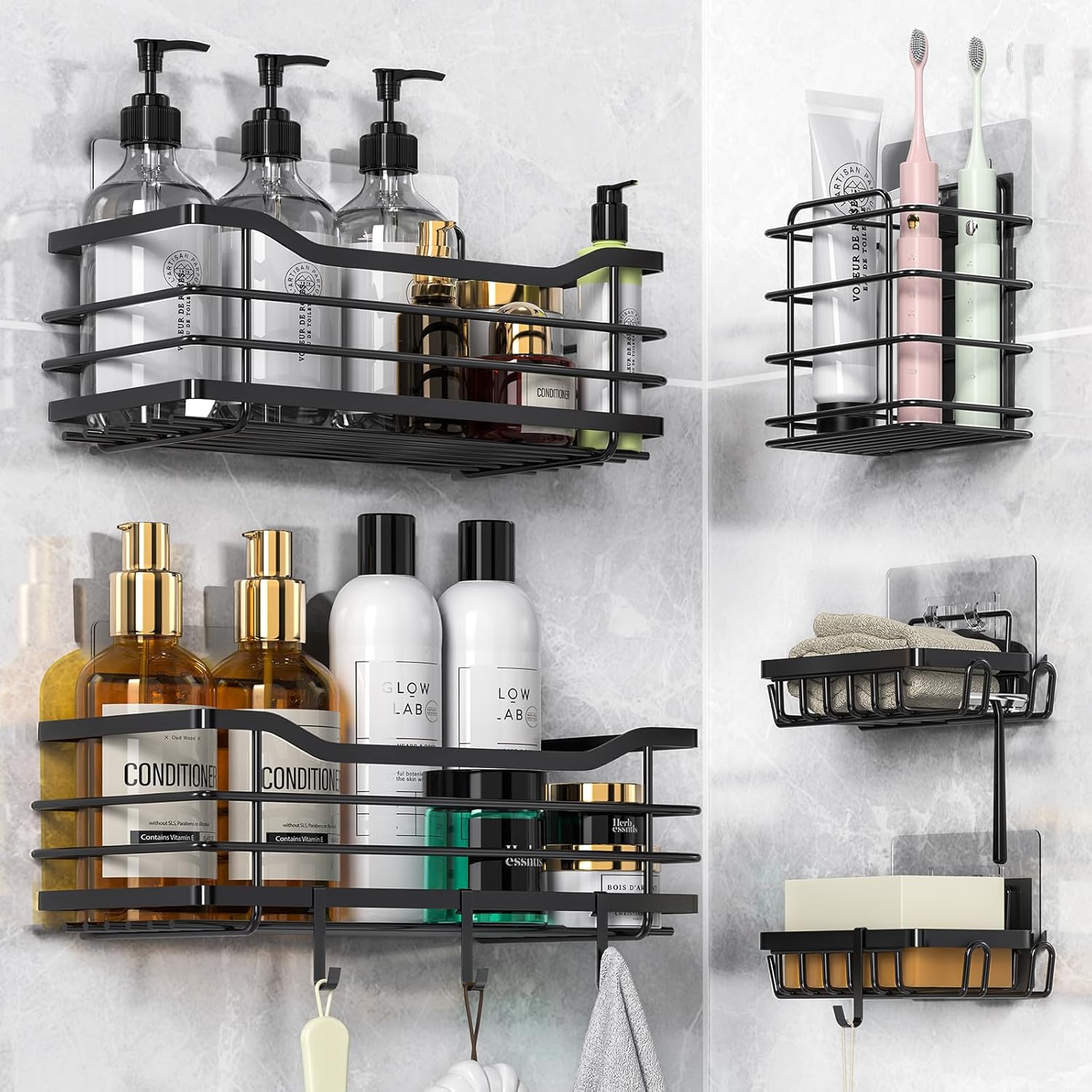 Stainless Steel Shower Caddy Set with 5 Adhesive Holders