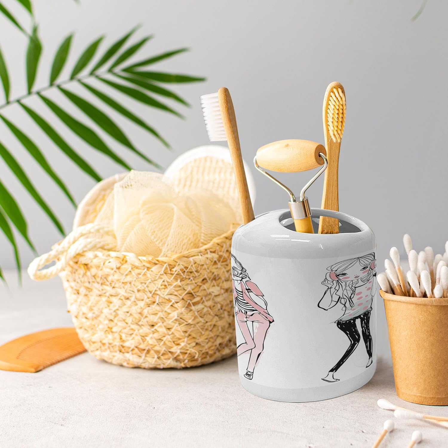 Ambesonne Ceramic Soap Dispenser Toothbrush Holder Set