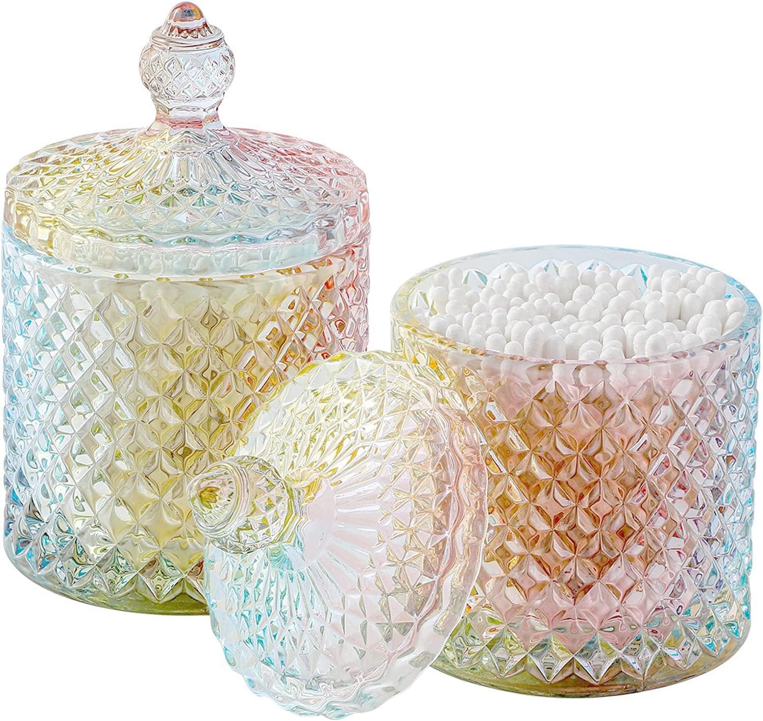 Rejomiik Q-Tip Holder Glass Jar with Lid 2 Pack Rainbow