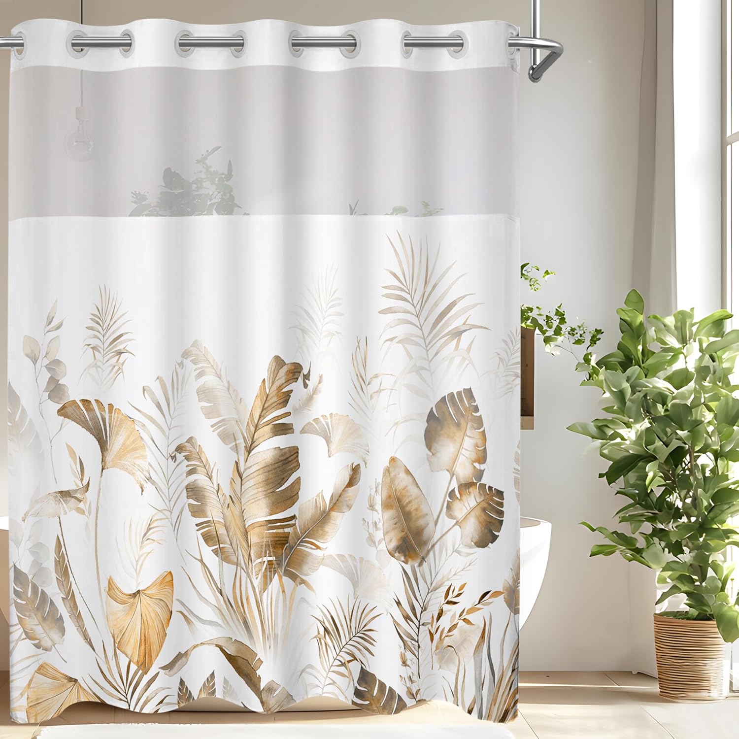 Boho Tropical Shower Curtain Set with Liner Brown Tan 71x74