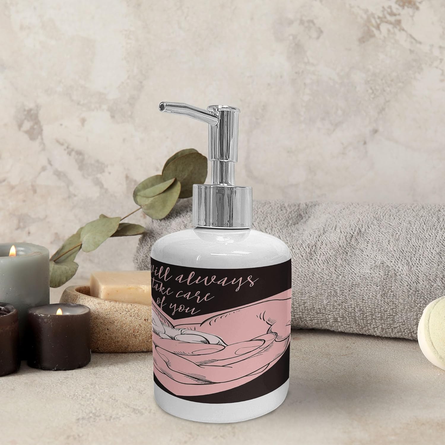 Ambesonne Love Theme Soap Dispenser Toothbrush Holder Set Pale Pink Dark Brown