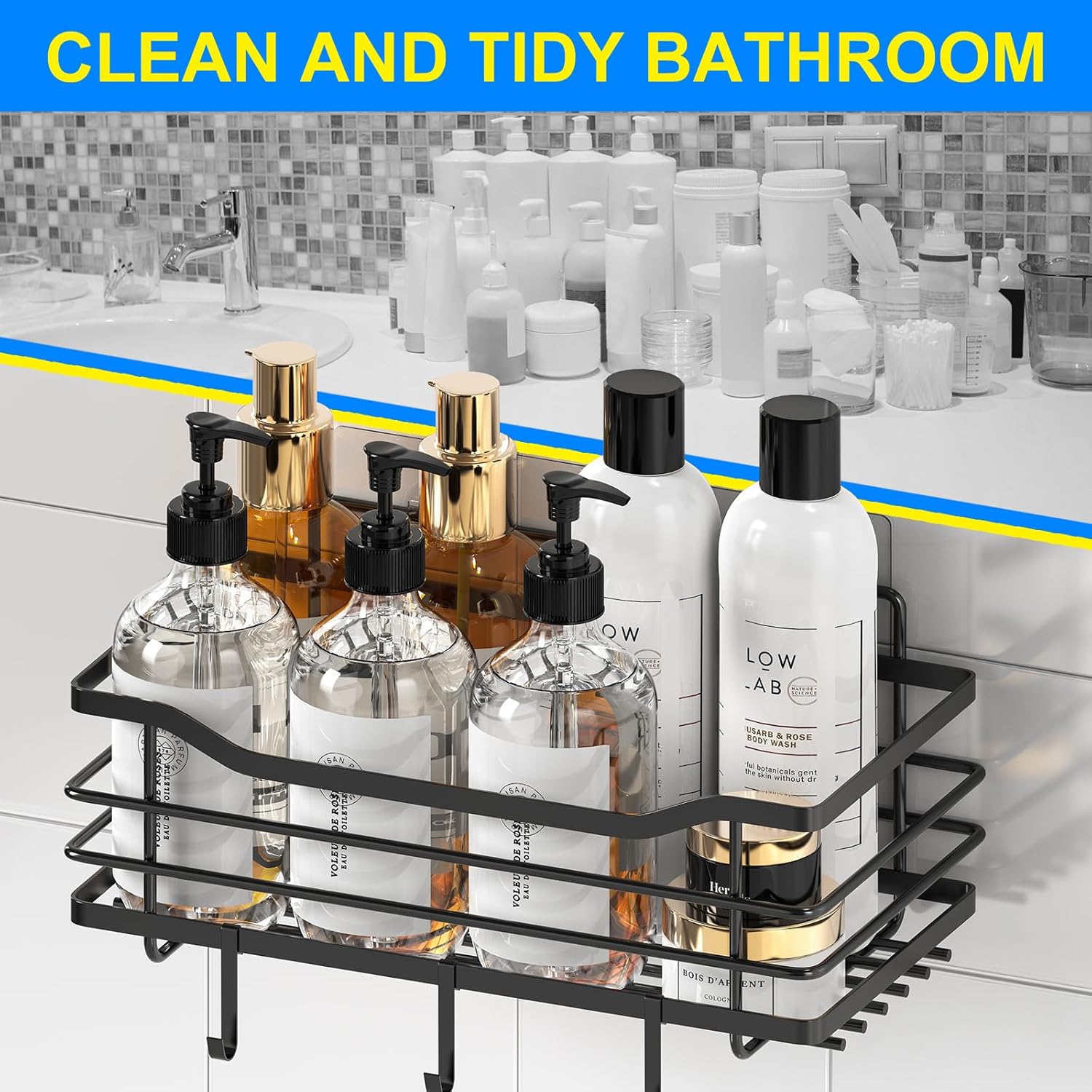 Stainless Steel Shower Caddy Set with 5 Adhesive Holders