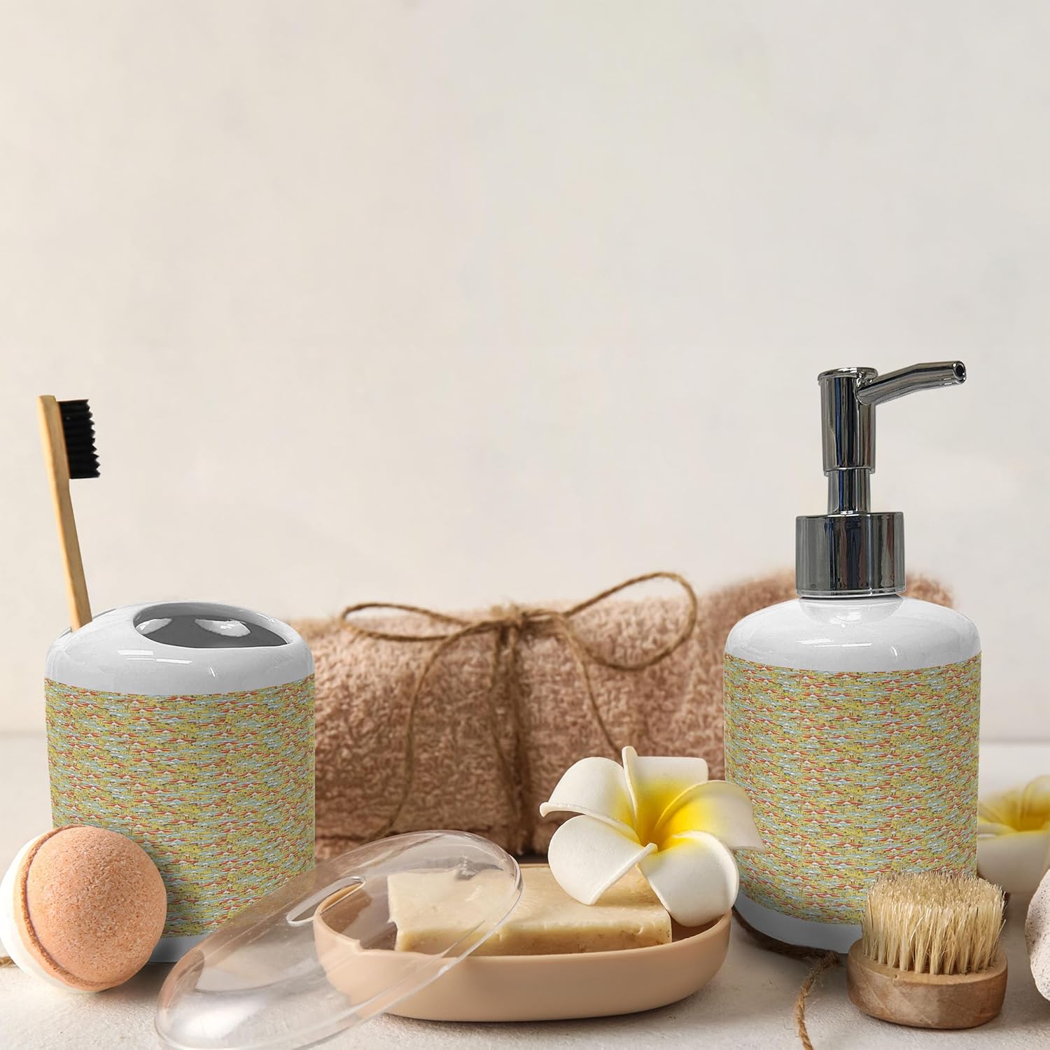 Ambesonne Cartoon Soap Toothbrush Holder Set Mustard Vermilion