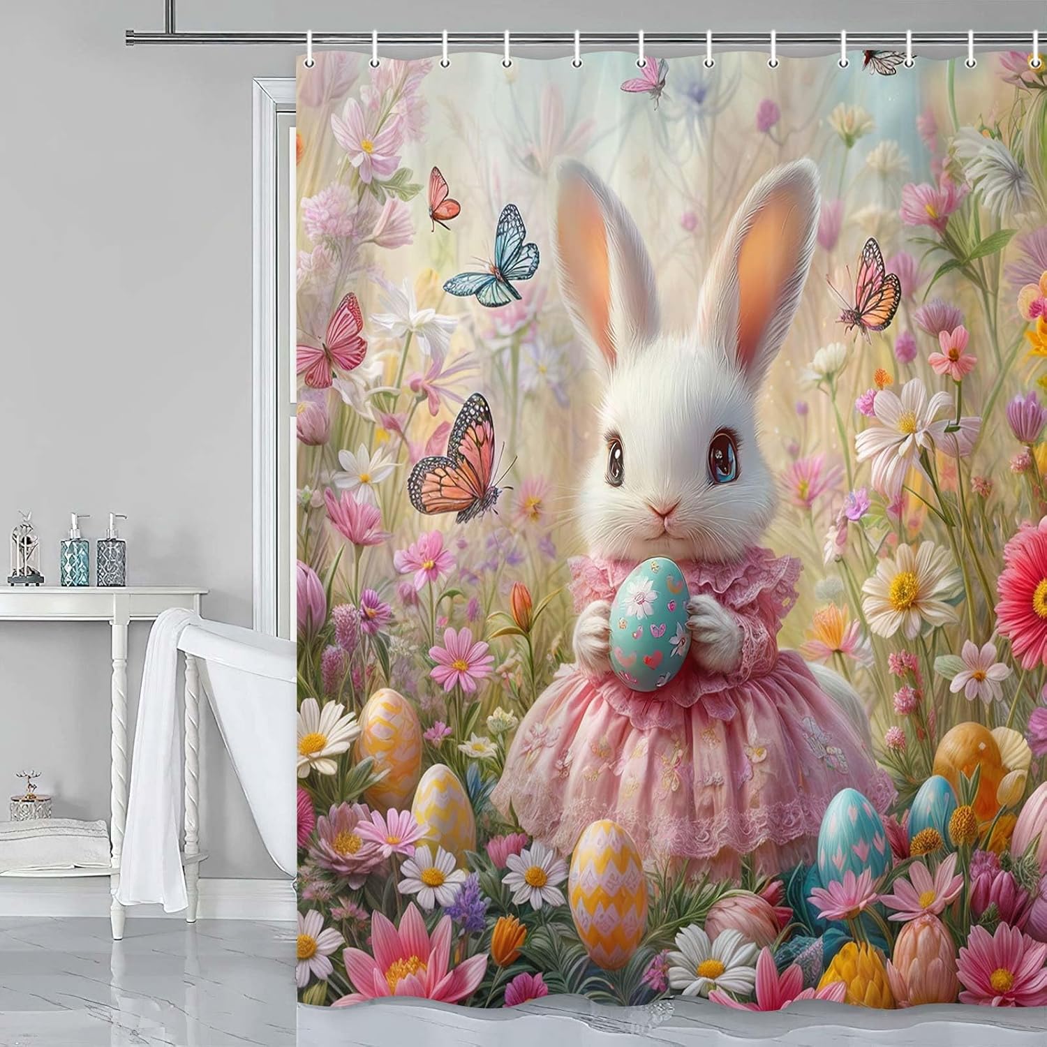 JAWO Pink Rabbit Easter Shower Curtain Set with Hooks