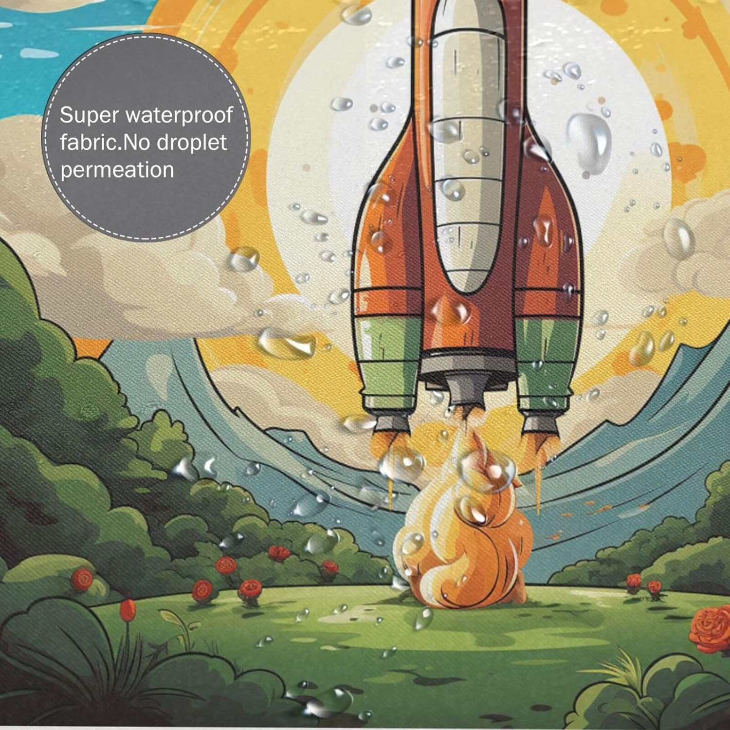 Cartoon Rocket Shower Curtain with 12 Hooks 72x72in
