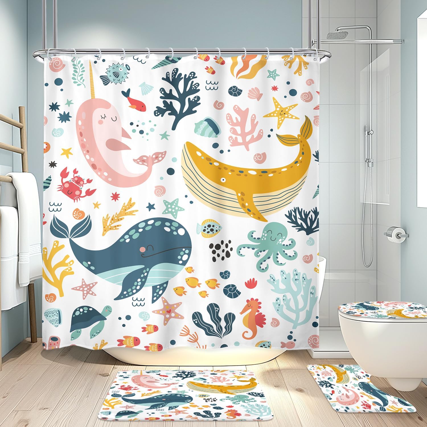 LGhtyro 4PCS Kids Whale Underwater Fish Bathroom Accessory Set