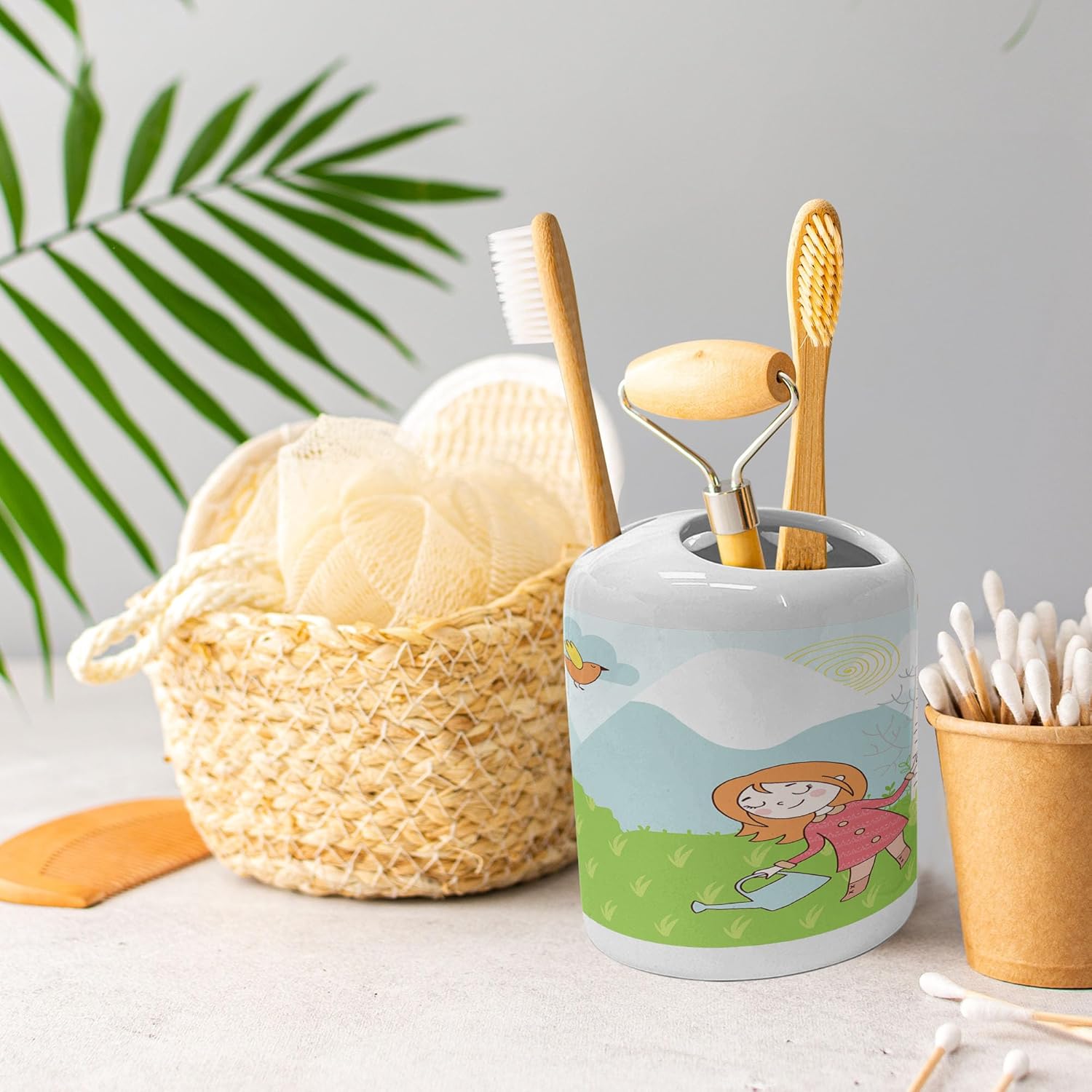 Ambesonne Cartoon Soap Toothbrush Holder Set 2 Pcs Lime Green