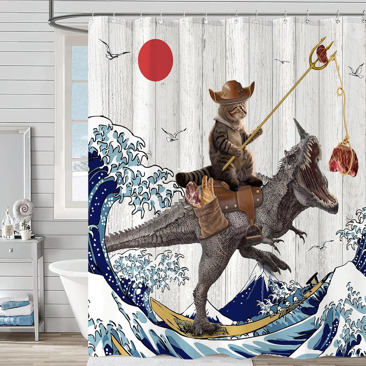 Fowocu Funny Cat Dinosaur Shower Curtain 78 Inch