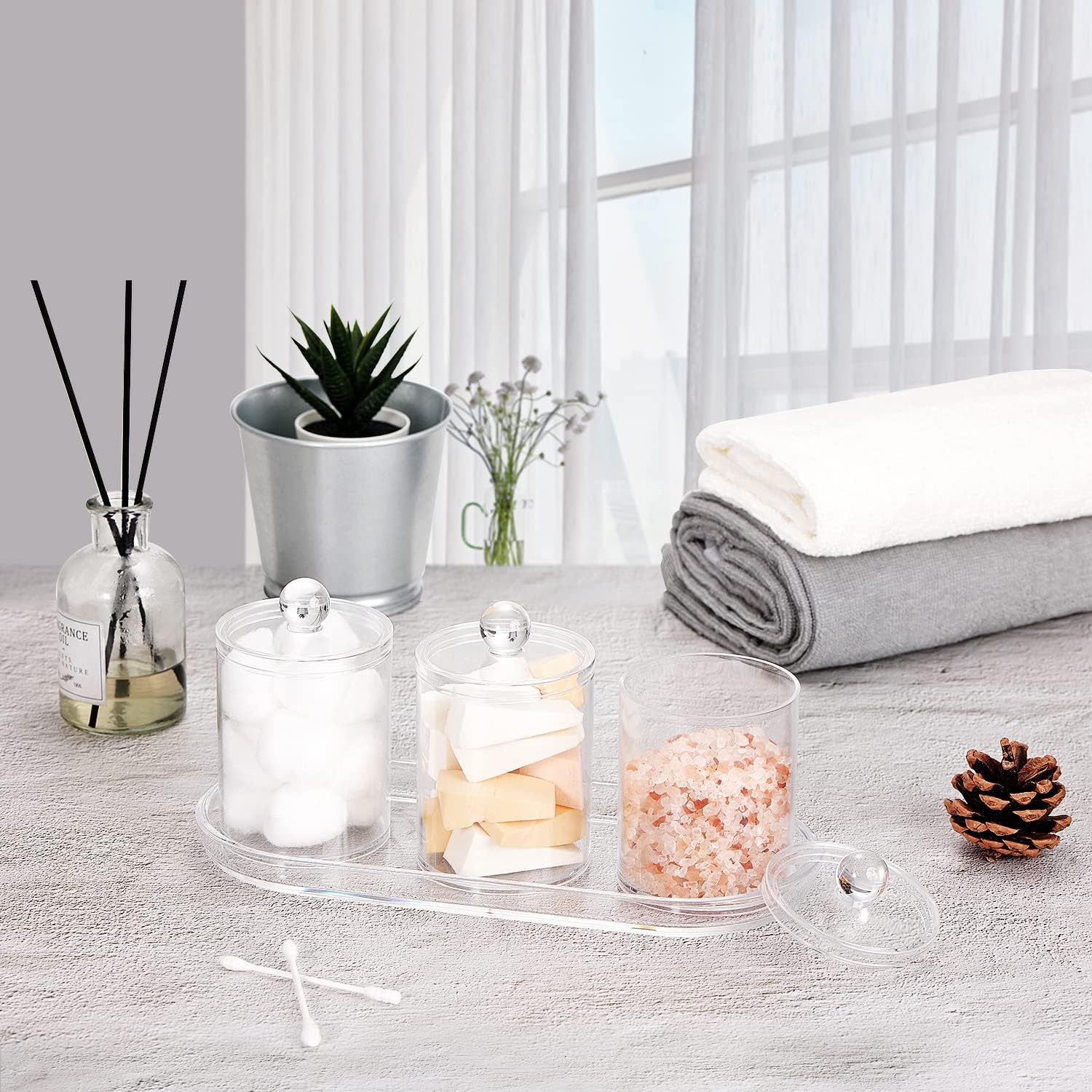 SheeChung Q-tip Holder Set with Tray - 4PCS Acrylic Canister Jars