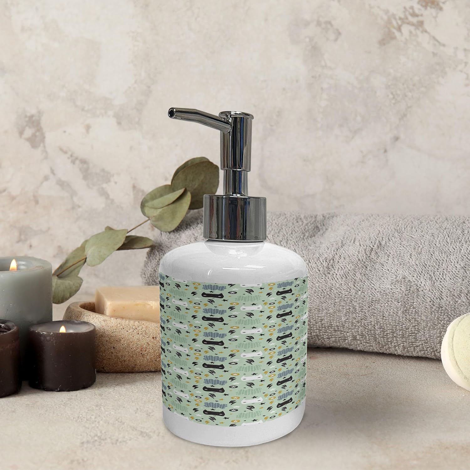 Ambesonne Cartoon Soap Dispenser Toothbrush Holder Set 2 Pcs Mint Green