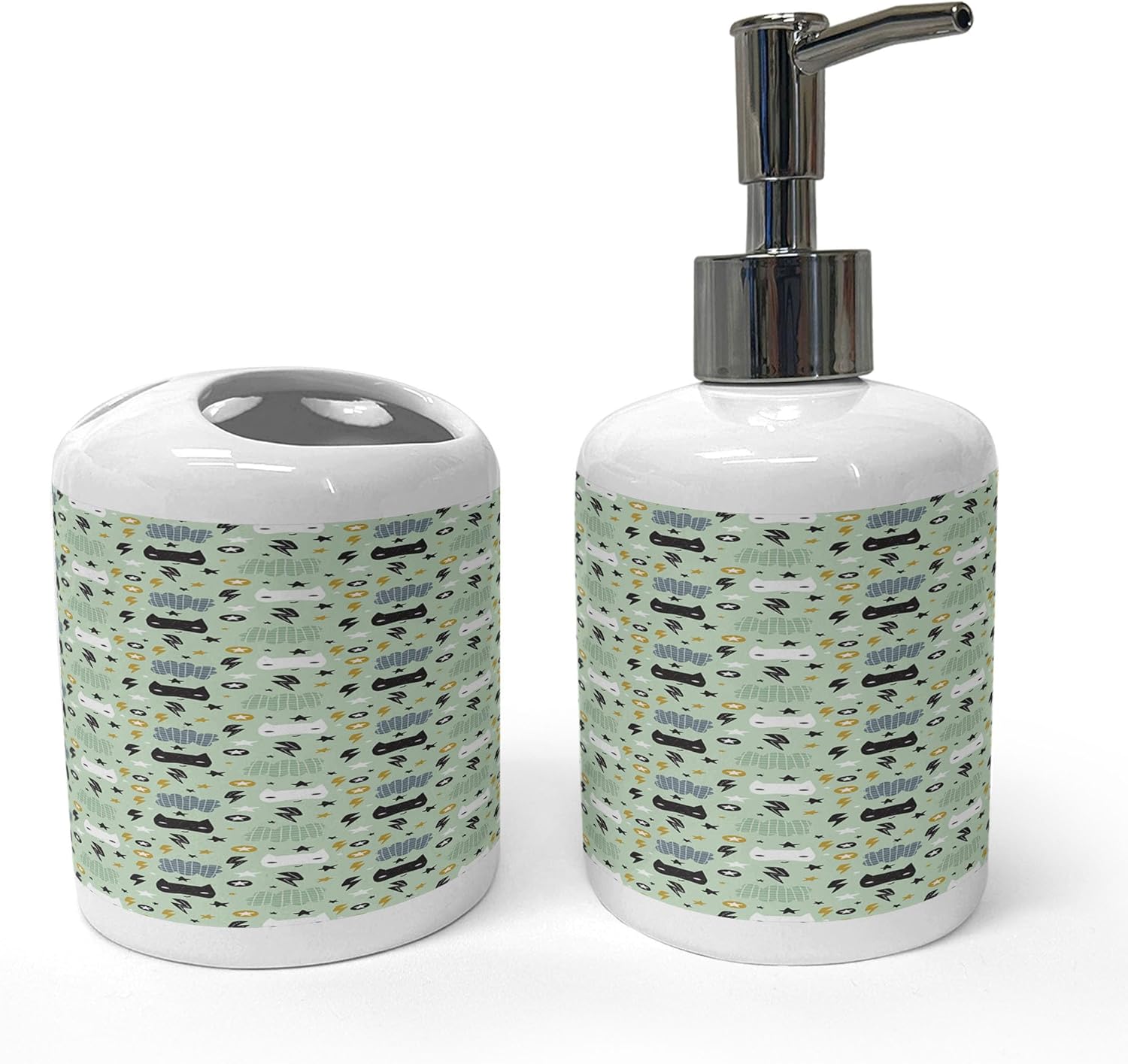 Ambesonne Cartoon Soap Dispenser Toothbrush Holder Set 2 Pcs Mint Green