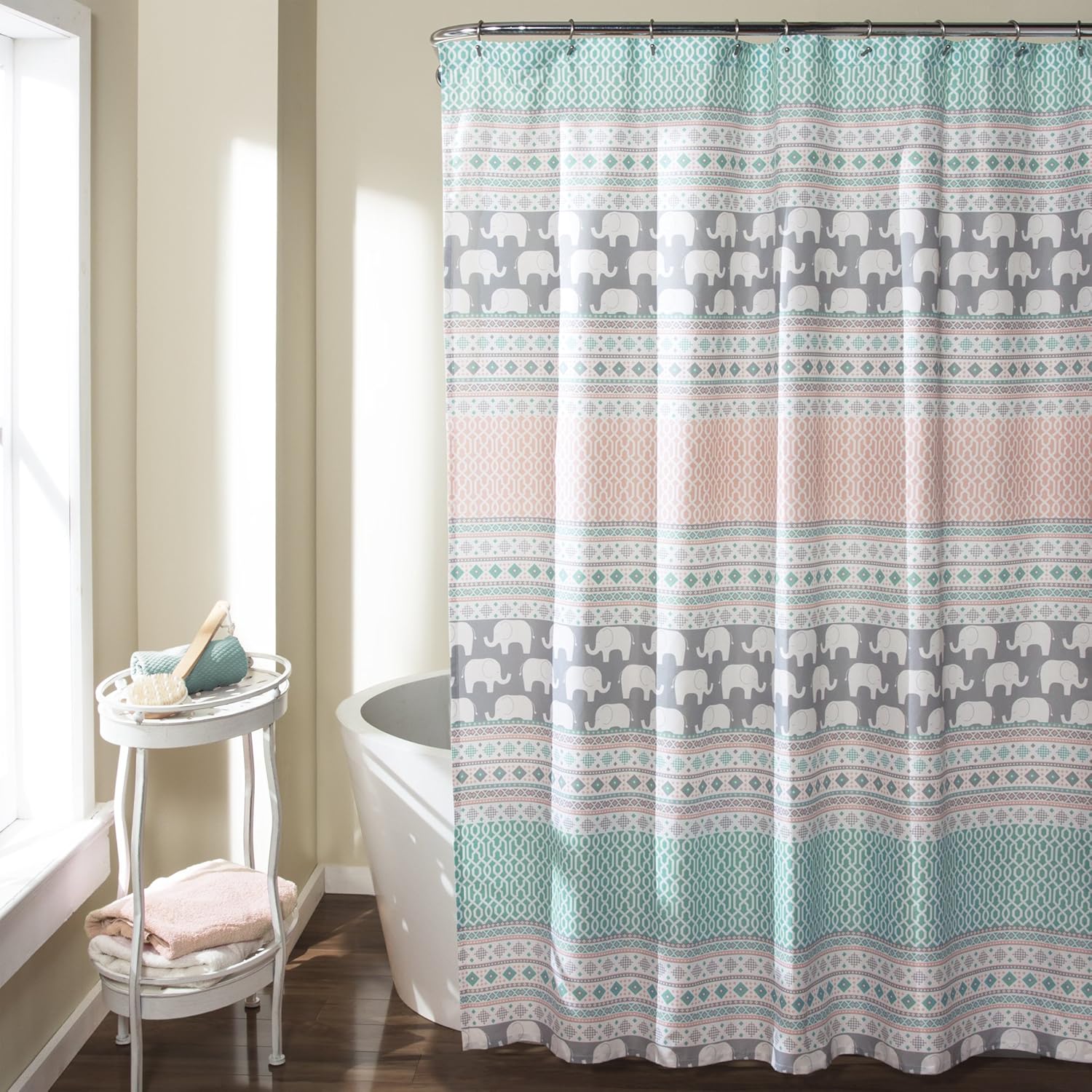 Lush Decor Elephant Stripe Shower Curtain 72x72 Turquoise Pink 1