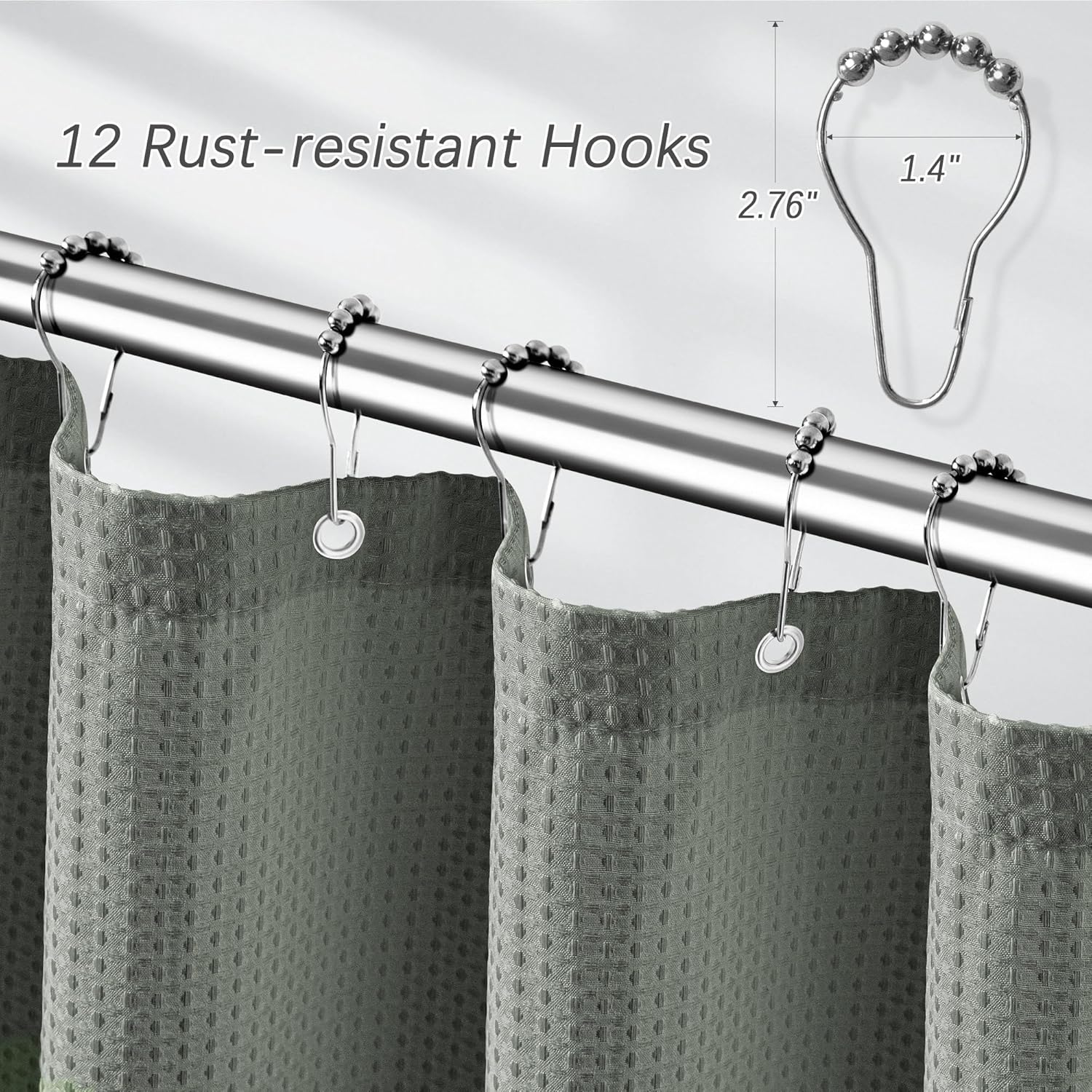 Grey Waffle Weave Shower Curtain Set with 12 Hooks